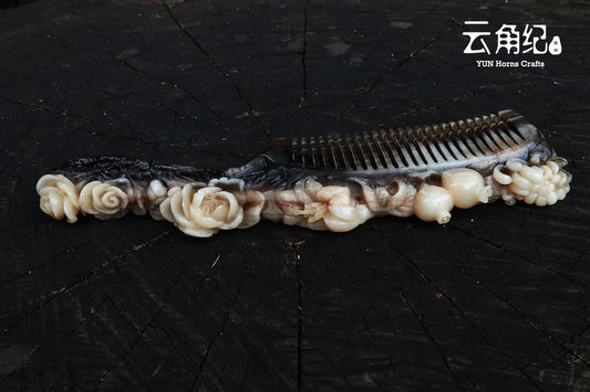 Artisanal Goat Horn Comb with Floral Goddess Handle斗羊精雕花神手柄梳