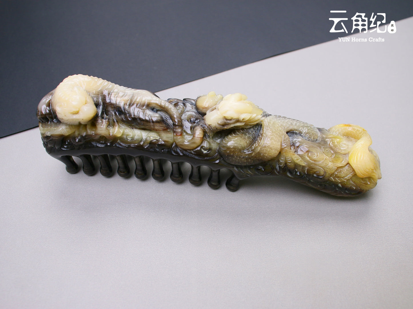 Chinese Four Divine Beasts Dual-Row Massage Comb – Premium Goat Horn斗羊中华四神兽双排按摩梳