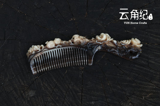 Artisanal Goat Horn Comb with Floral Goddess Handle斗羊精雕花神手柄梳